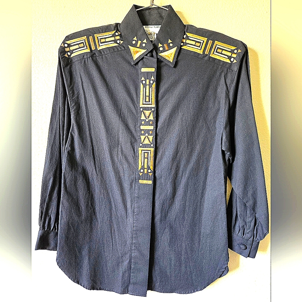 90's Vintage Regina Porter Black & Gold Blouse. Xs
